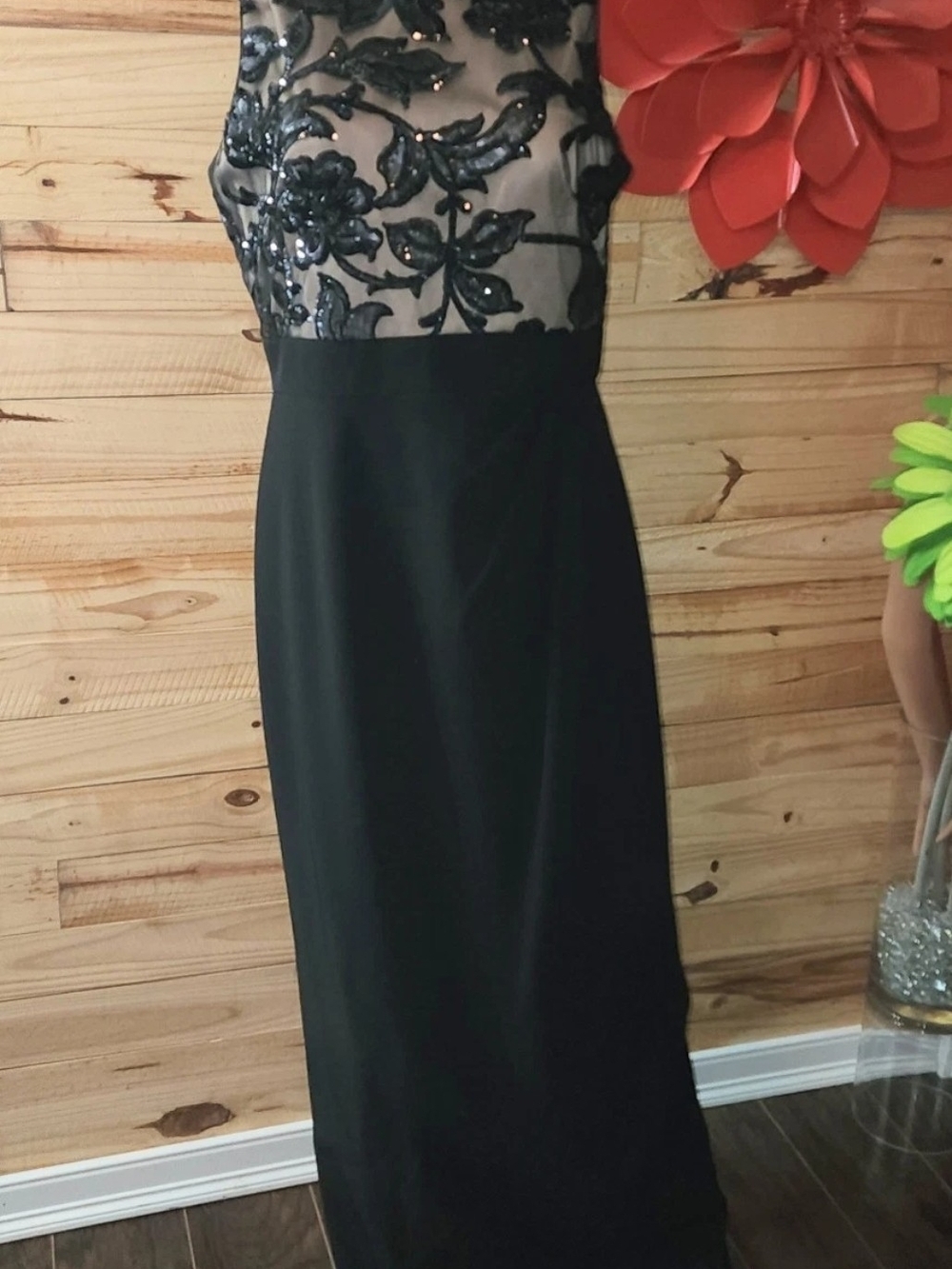 Vince Camuto Black Lace Open Back Evening Gown
